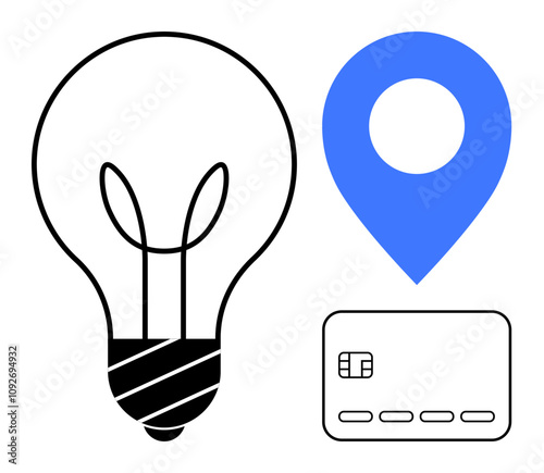 Lightbulb symbolizing ideas, blue location pin, and credit card graphic representing payment. Ideal for fintech, innovation, e-commerce, banking, start-ups technology marketing. Line metaphor