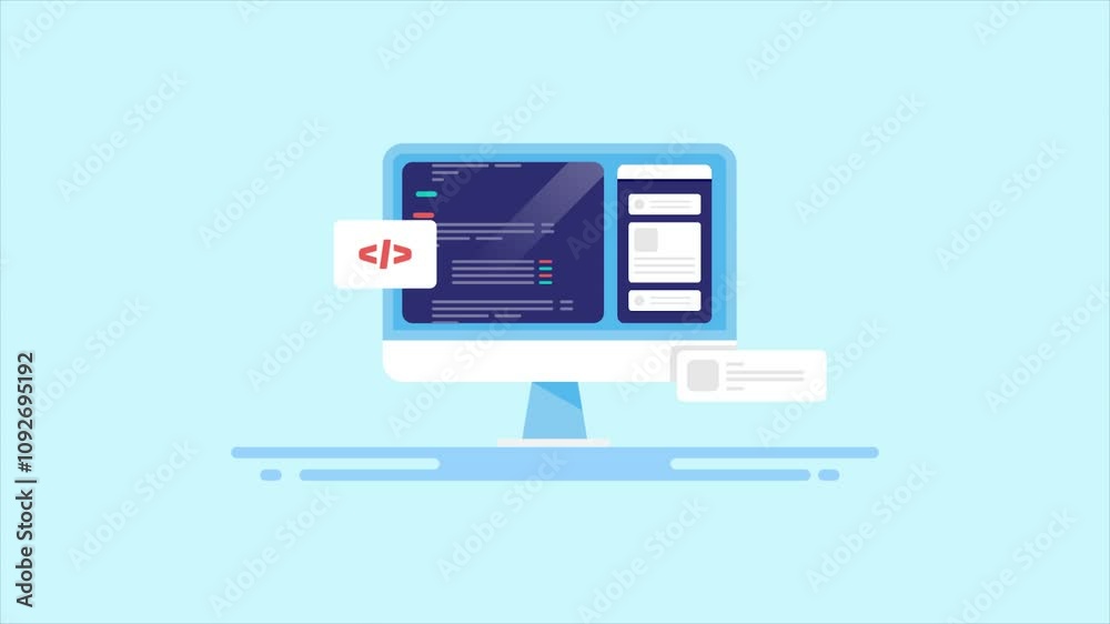 Coding and programming on computer, designing mobile interface UI and smartphone software app development, technology concept. Video animation. Coding and programming on computer, designing mobile interface UI and smartphone software app development, technology concept. Video animation.