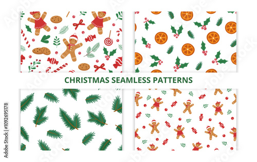 Set of cute Christmas seamless patterns with Christmas tree branches, oranges and gingerbreads. Christmas backgrounds. Christmas wrapping paper.	
