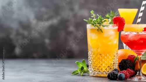 A vibrant display of colorful cocktails garnished with fruits and herbs on a textured background.