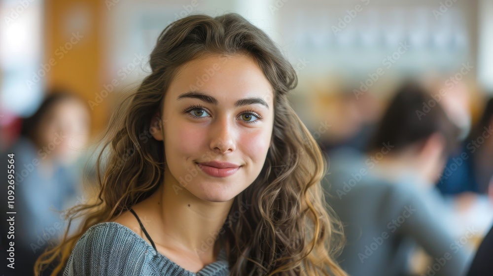 Intelligent-looking young woman, beautiful and confident, sitting in a university classroom, eager for success Intelligent-looking young woman, beautiful and confident, sitting in a university classroom, eager for success