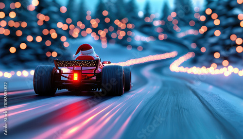 Santa drives red racing car on frosty racetrack surrounded by glowing lights and snowy trees, creating festive and joyful atmosphere