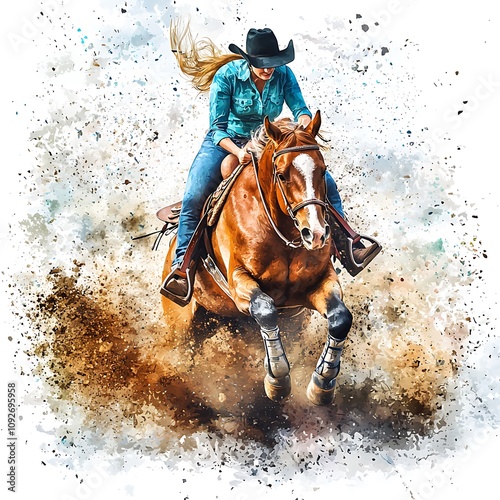 Cowgirl Barrel Racer and Horse in Action, Dynamic Artistic Equestrian Image.