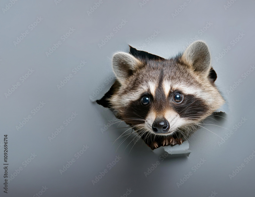Ein Waschbär schaut durch ein Loch