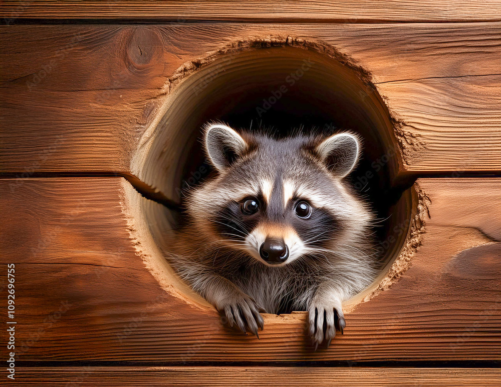 Ein Waschbär schaut aus einem Loch in der Wand