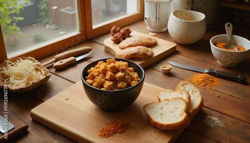 Cozy kitchen setup, bunny chow, kitchen, snacks, cozy, inviting, atmosphere, bowl, bread, spices, wooden table photo