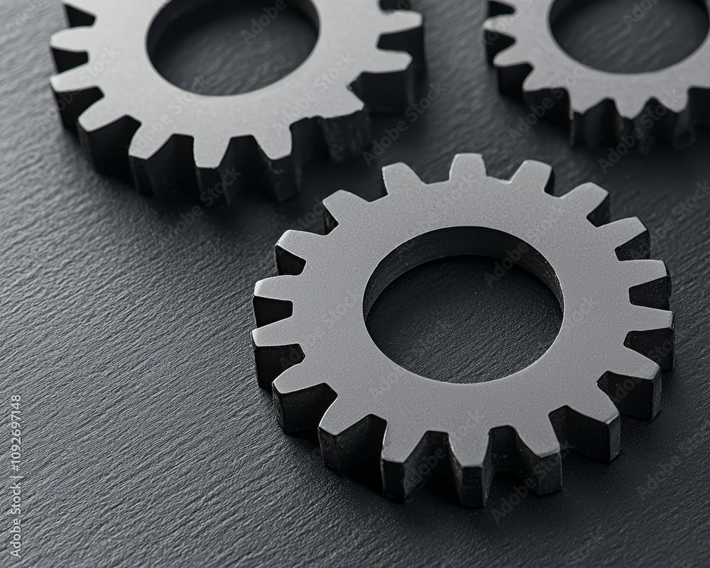 Three black gears on a textured surface, symbolizing machinery, engineering, and mechanical design. Three black gears on a textured surface, symbolizing machinery, engineering, and mechanical design.