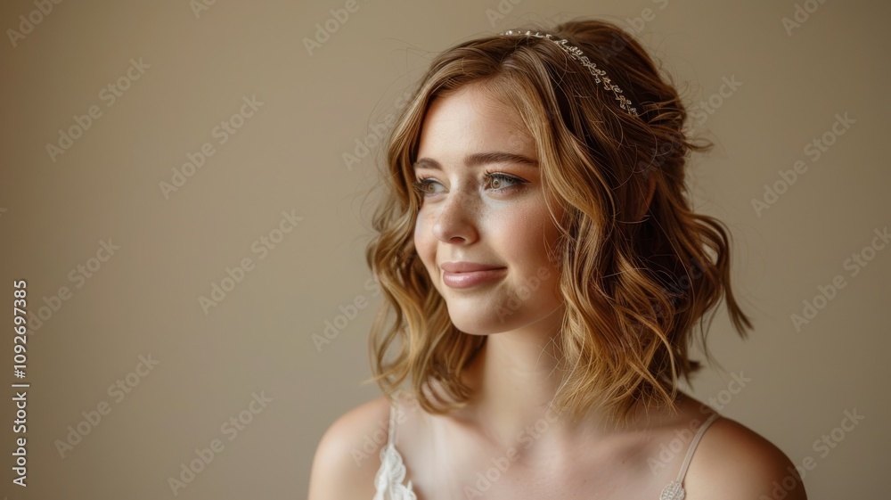 Photograph of a beautiful bride with a headband wedding photography, website banner vintage dress, looking to the side, against a light beige studio background. Photograph of a beautiful bride with a headband wedding photography, website banner vintage dress, looking to the side, against a light beige studio background.