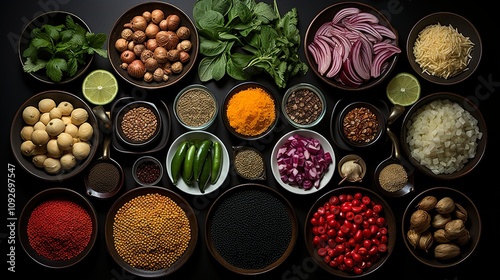 Ingredients for cooking. Food background. Top view on black background. 