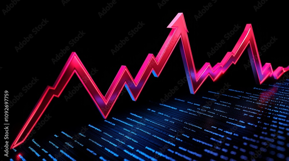 Naklejka premium A vibrant, digital graph showcases a rising trend against a dark background, symbolizing growth and progress in data analysis or finance.