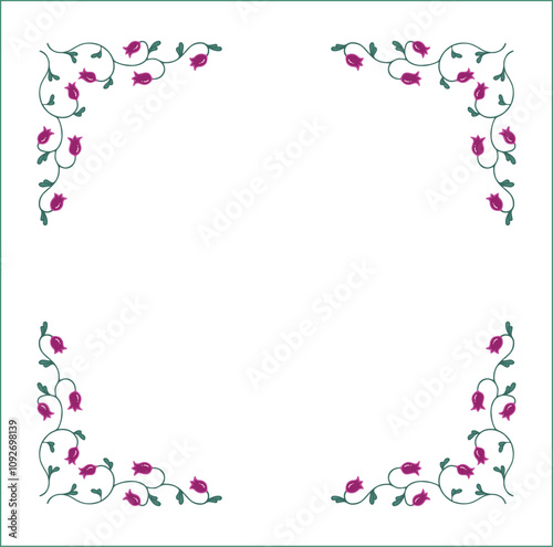 Elegant green vegetal ornamental frame with pink bluebells, decorative border, corners for greeting cards. Isolated vector illustration	
