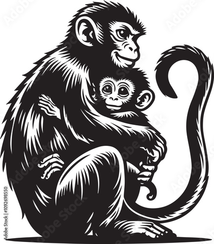 A loving monkey and baby monkey embracing, black and white line art. A captivating black and white line art illustration of a monkey cradling a baby monkey.