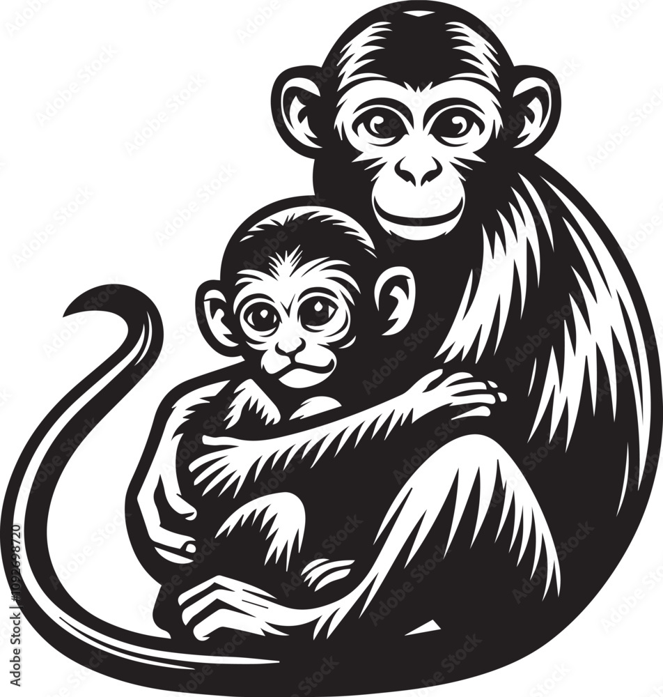 A loving monkey and baby monkey embracing, black and white line art. A captivating black and white line art illustration of a monkey cradling a baby monkey. A loving monkey and baby monkey embracing, black and white line art. A captivating black and white line art illustration of a monkey cradling a baby monkey.