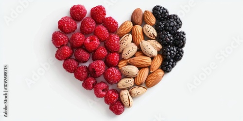 Concept of nutrition for heart healthy. An artistic arrangement of raspberries, almonds, and blackberries forming a heart shape, symbolizing love and health. photo