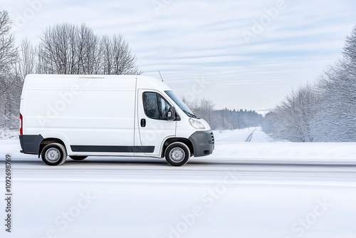 White Delivery Van Driving on Snowy Winter Road in Scenic Rural Landscape