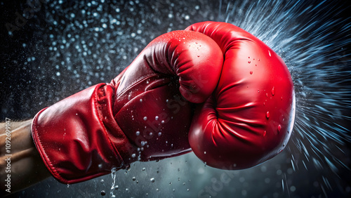 Close up of a male hand in red boxing gloves punching through the air