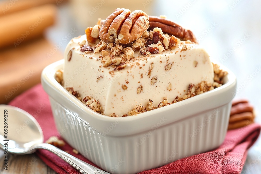 Cream cheese dessert with pecans in white dish. Cream cheese dessert with pecans in white dish.