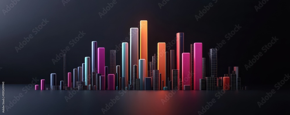 Obraz premium Dynamic data visualization vertical bar charts modern workspace graphic design digital environment vibrant gradient colors