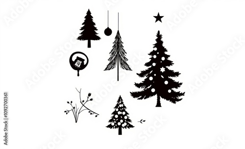 Set of christmas iconsset of christmas stampsset of christmas ornamentschristmas tree setchristmas and new cardfloral background with space christmas tree silhouette Illustration  photo