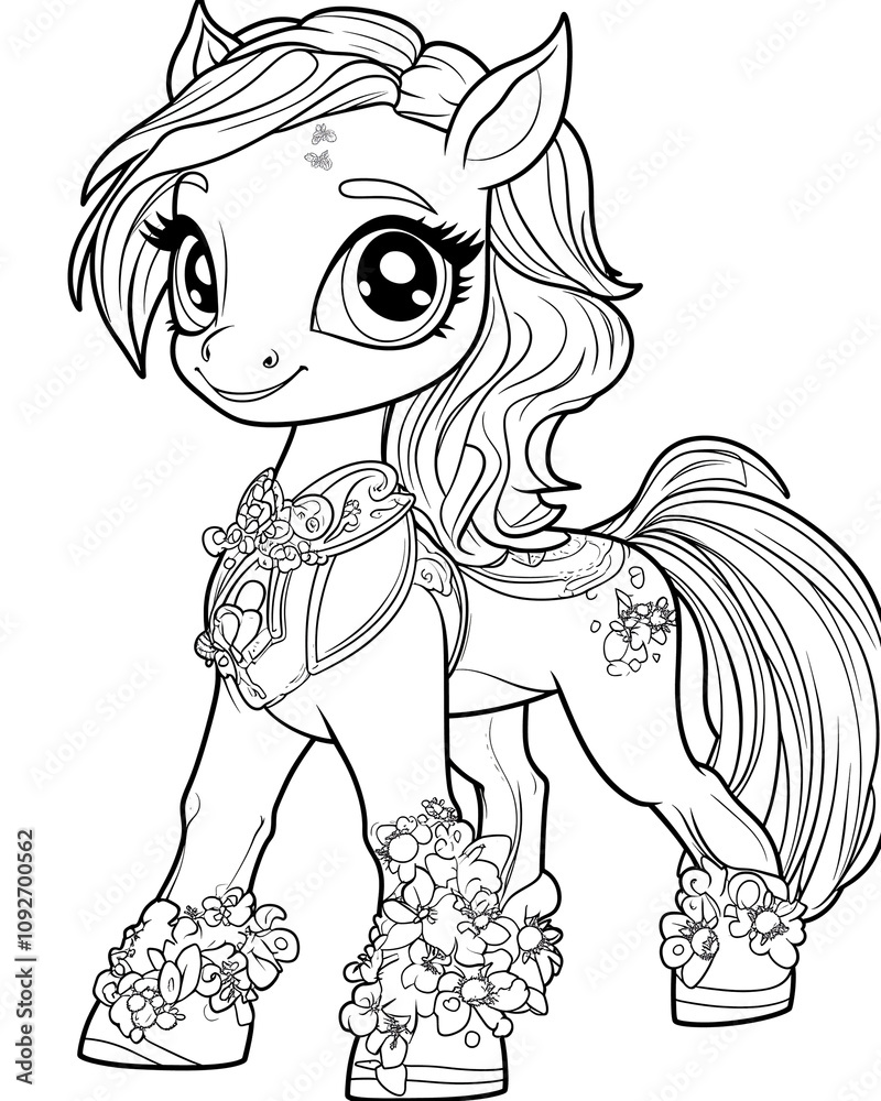 Fototapeta premium A cartoon horse with flowers on its legs and a crown on its head