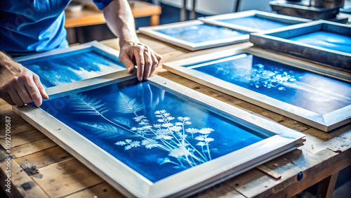 cyanotype. close-up of the hands of a craftsman working with a wooden frame