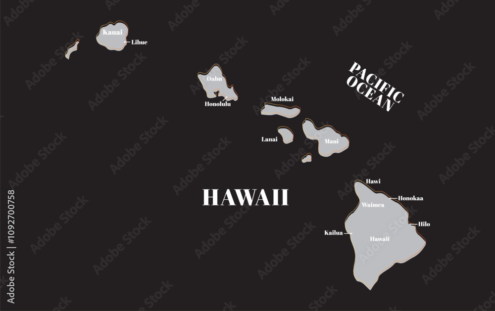 Hawaiian island infographic map with french grey and black