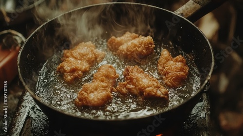 Crispy Fried Chicken Pieces Cooking in Hot Oil with Steam Rising in a Rustic Kitchen Setting for Culinary Enthusiasts and Food Lovers