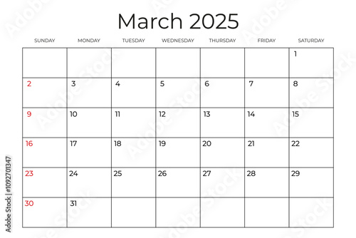 Printable Monthly Calendar template for March 2025. Week Starts on SUNDAY. Wall Calendar in a Minimalist Style. Simple and clean design. Ready to print. Vector illustration