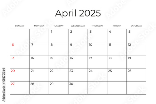 Printable Monthly Calendar template for April 2025. Week Starts on SUNDAY. Wall Calendar in a Minimalist Style. Simple and clean design. Ready to print. Vector illustration