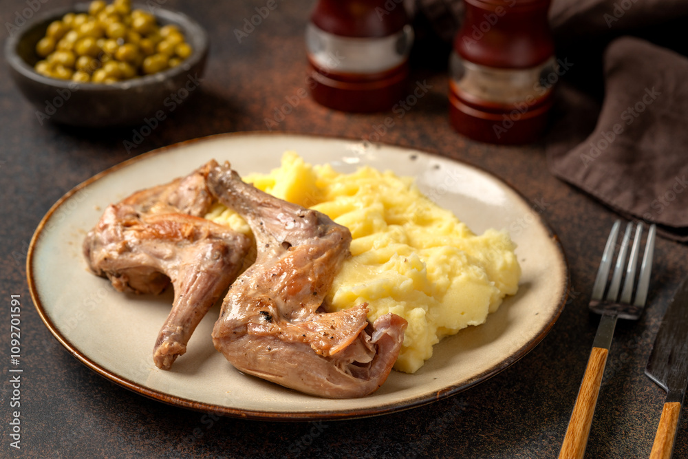 Slices of stewed rabbit and mashed potatoes on a plate closeup