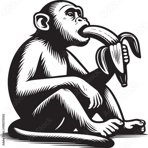 Cute Monkey Eating a Banana, Vintage Style Line Art. A stylized, black and white line art illustration of a monkey eating a banana. photo