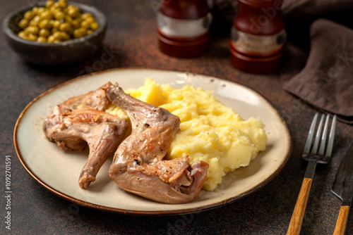 Obraz na płótnie Slices of stewed rabbit and mashed potatoes on a plate closeup w salonie