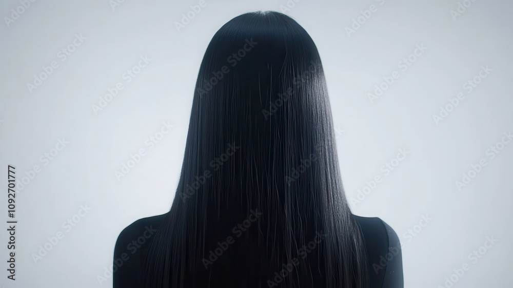Fototapeta premium Beautiful model girl with Black hair strand,silky healthy Long ponytail hair strand,Brunette Girl Long Hair with smooth,Keratin straightening,Treatment,straight long hair,procedures,Smooth hairstyle.