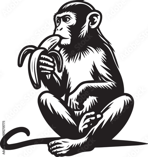 Cute Monkey Eating a Banana, Vintage Style Line Art. A stylized, black and white line art illustration of a monkey eating a banana. photo