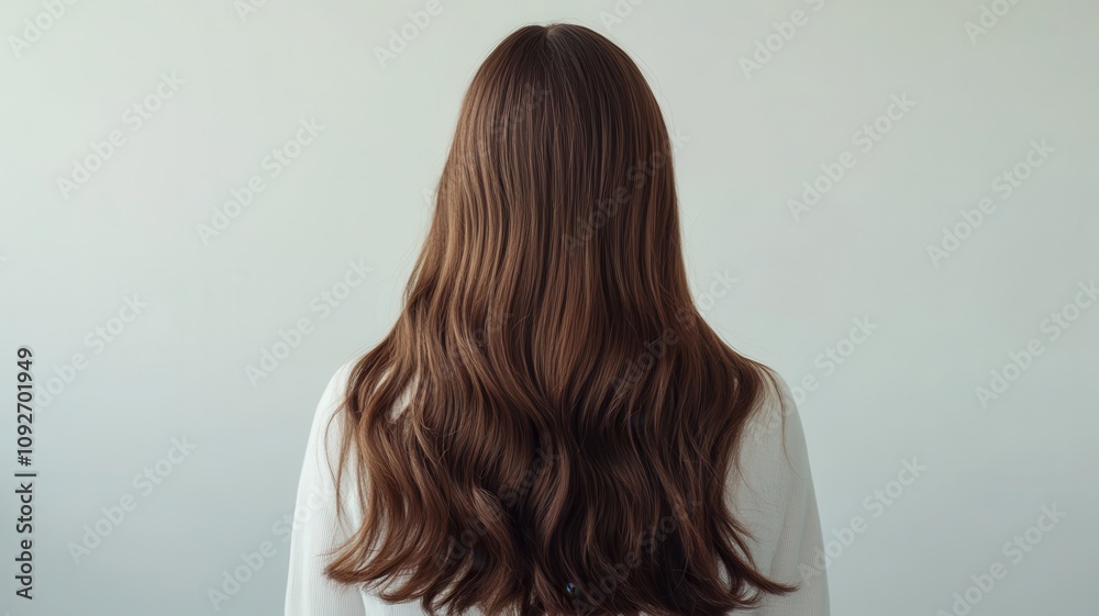 Fototapeta premium Beautiful model girl with Brown hair strand,silky healthy chestnut wavy hair strand isolated on white background,hair wavy ribbon, with smooth texture,vibrant shine,brunette hairpiece, hairy ribbon.
