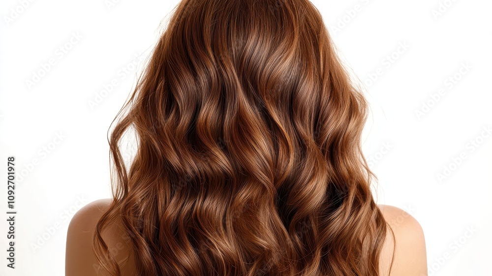 Naklejka premium Beautiful model girl with Brown hair strand,silky healthy chestnut wavy hair strand isolated on white background,hair wavy ribbon, with smooth texture,vibrant shine,brunette hairpiece, hairy ribbon.