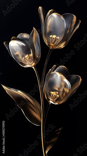 Exquisite gold and white glass tulip flower sculpture, transparent translucent medium with golden edges on a black background