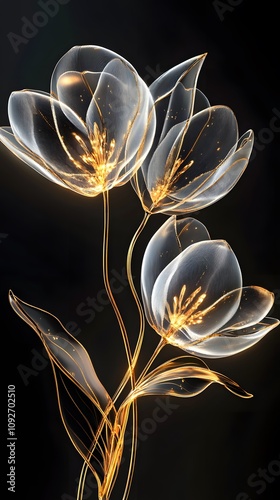 Exquisite gold and white glass tulip flower sculpture, transparent translucent medium with golden edges on a black background