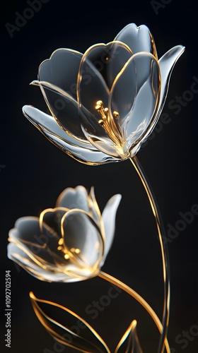 Exquisite gold and white glass tulip flower sculpture, transparent translucent medium with golden edges on a black background