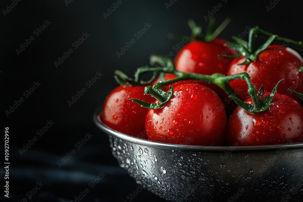 Fresh red tomatoes with droplets in a silver bowl against a dark background. Fresh red tomatoes with droplets in a silver bowl against a dark background.