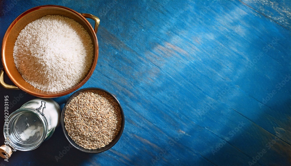 Tabletop cookware and rice,pizza,noodle,copy space for text,vintage style