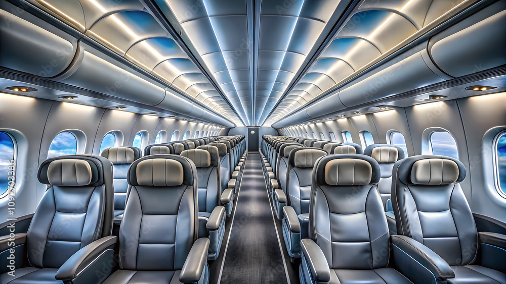 Obraz premium Interior of airplane with empty seats. View from the airplane window.