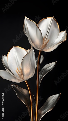 Exquisite gold and white glass tulip flower sculpture, transparent translucent medium with golden edges on a black background