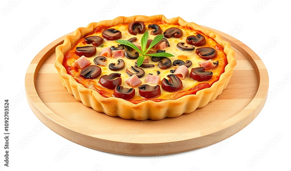 Savory Mushroom and Ham Quiche on Wooden Platter. AI Generated Savory Mushroom and Ham Quiche on Wooden Platter. AI Generated