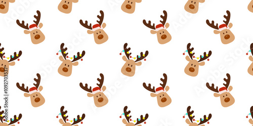 Seamless pattern with cute Christmas deer, animal head with Santa hat and lights on white background. Repeat backdrop for print.