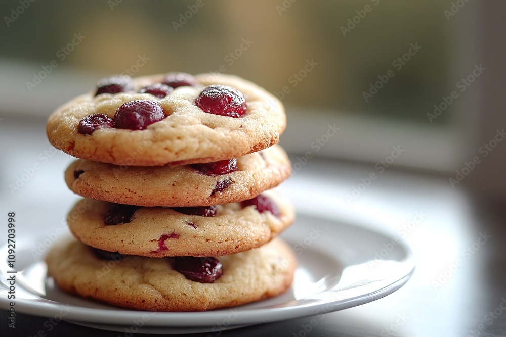 Stack of cherry cookies on white plate by soft window light. Stack of cherry cookies on white plate by soft window light.