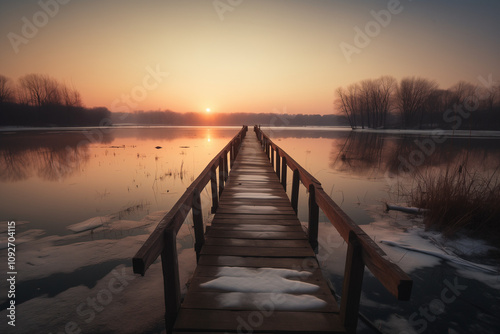 A serene wooden dock extends into a calm lake at sunrise, surrounded by reflections of trees and a soft mist, with patches of snow lingering on the edges.