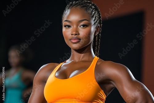 A professional aerobics instructor demonstrating a dynamic pose on stage at a fitness event photo