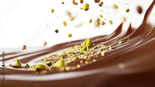 Dubai Chocolate Kunafa Pistachio on white background,Dubai Chocolate bar with green kadayif and pistachio spread,popular and viral chocolate 2024,space for text.