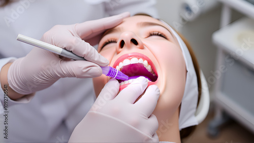 Professional hygiene of the oral cavity. The dentist applies a purple gel to the patient's teeth before professional dental cleaning. Prevention of caries and gum diseases. Hands in protective gloves. photo